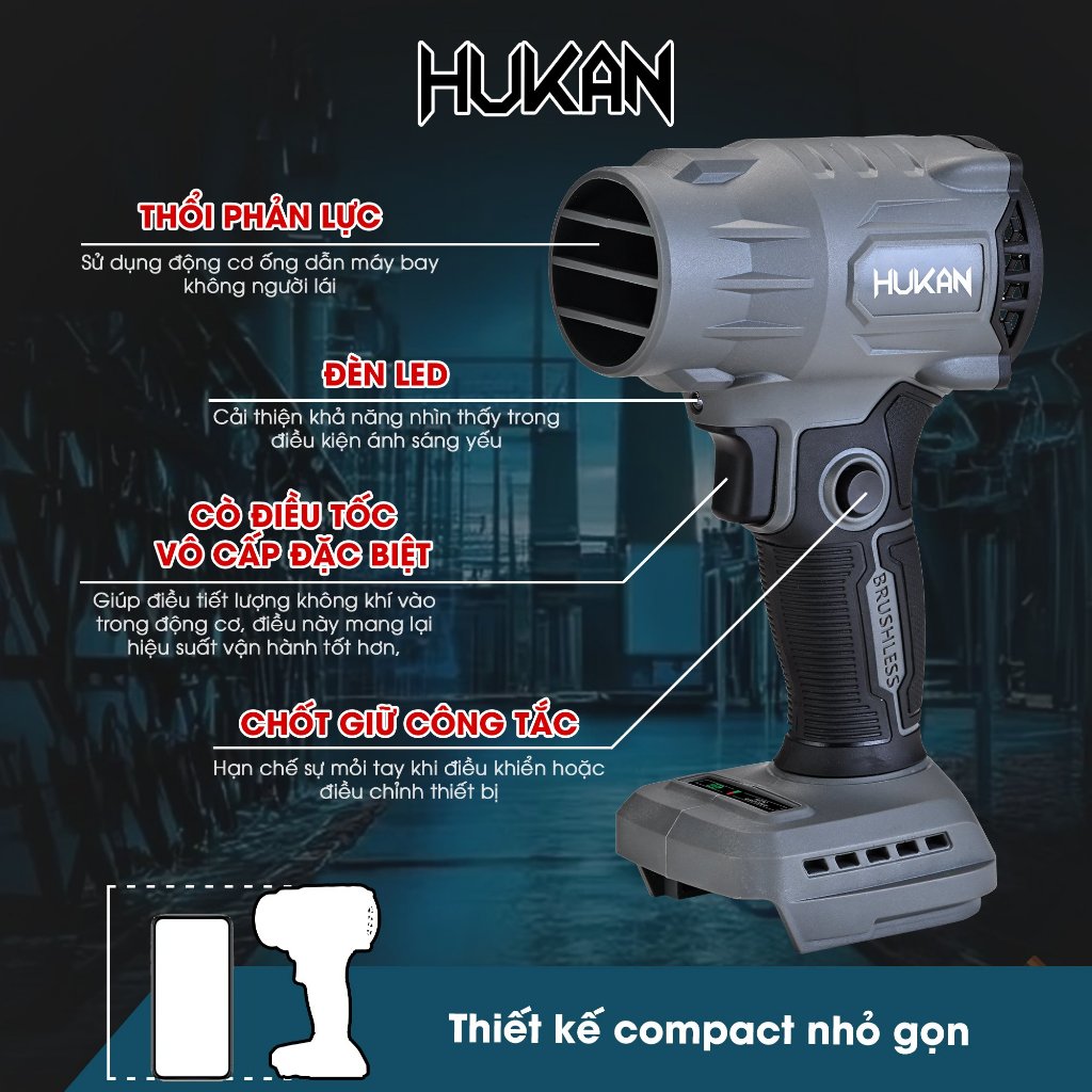 Thân Máy Thổi Phản Lực HUKAN G2TPL-F3|Thổi Khô Mini, Cầm Tay, 21V, Tốc Độ 75.000 Vòng/Phút, Có Điều Tốc, Không Chổi Than