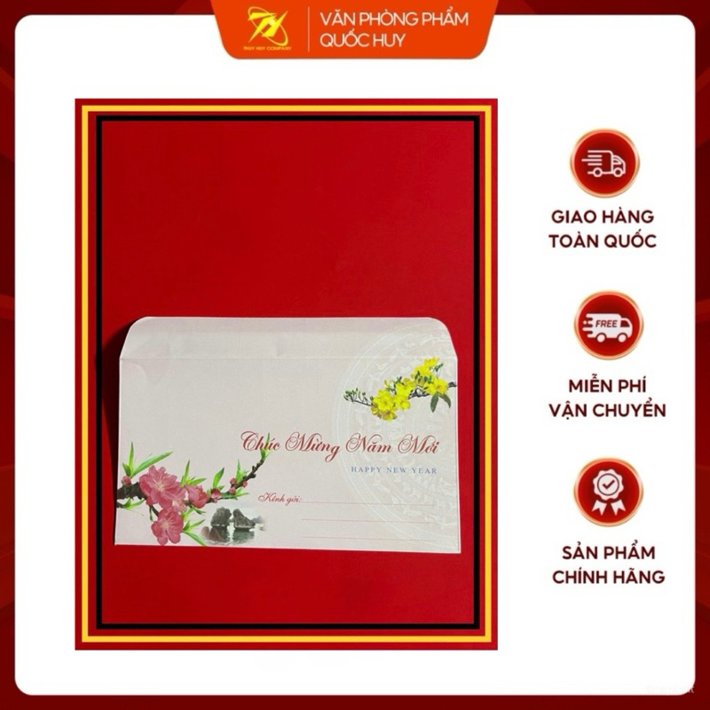 PHONG BÌ CHÚC MỪNG NĂM MỚI KHỔ 10,5x18,5CM, TẬP 100 CÁI- VPP QUỐC HUY.