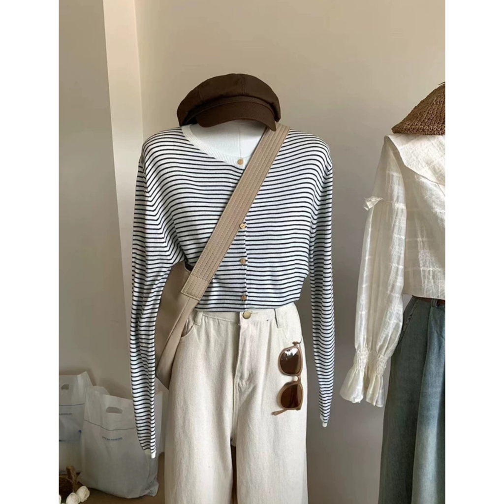 Áo khoác cardigan dệt kim tay dài kẻ sọc thiết kế dễ thương