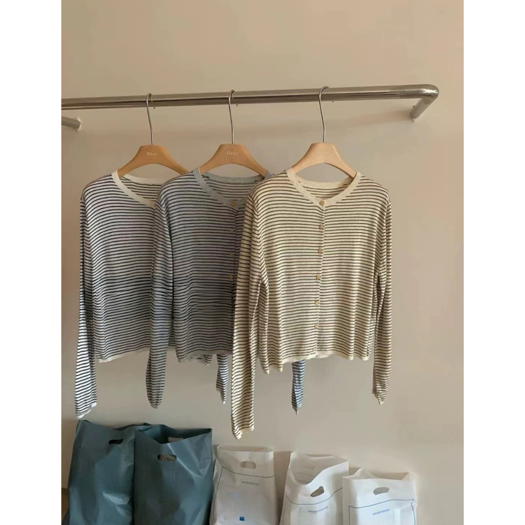 Áo khoác cardigan dệt kim tay dài kẻ sọc thiết kế dễ thương