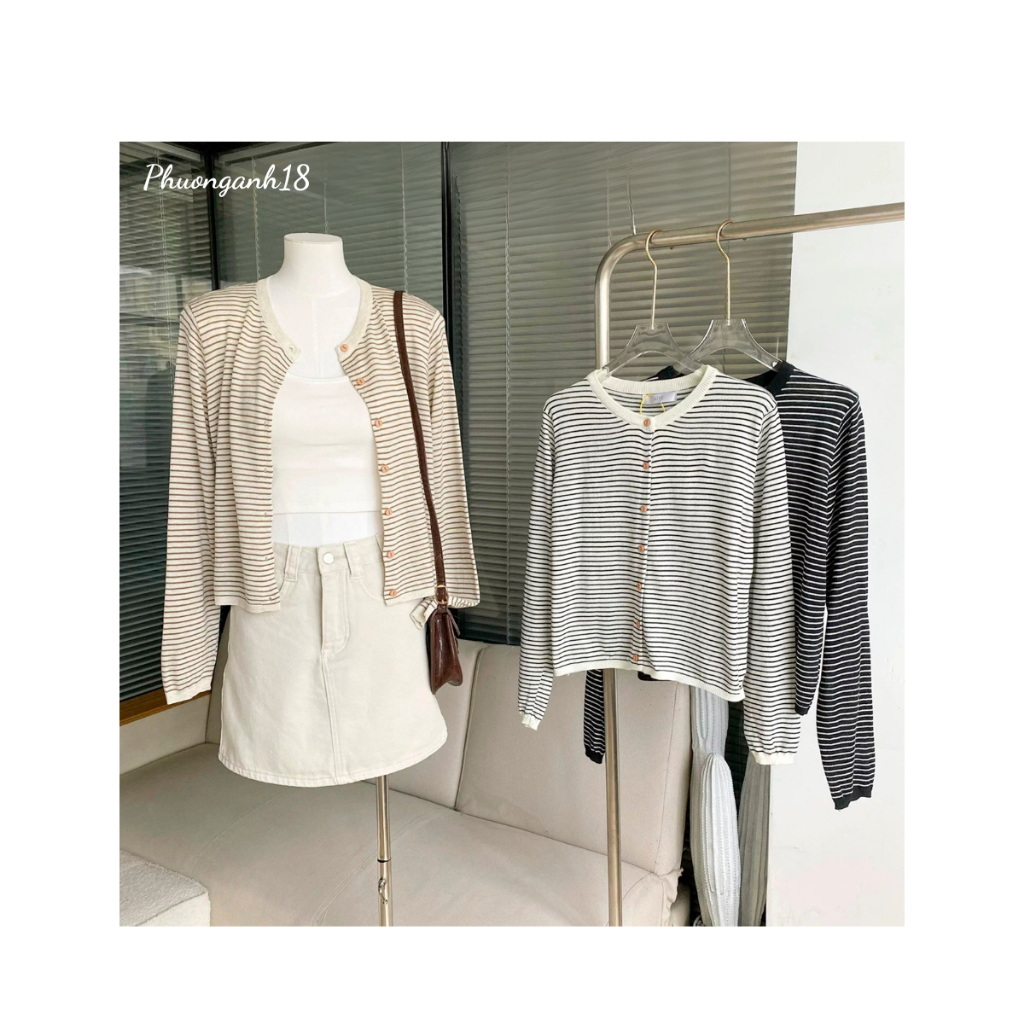 Áo khoác cardigan dệt kim tay dài kẻ sọc thiết kế dễ thương