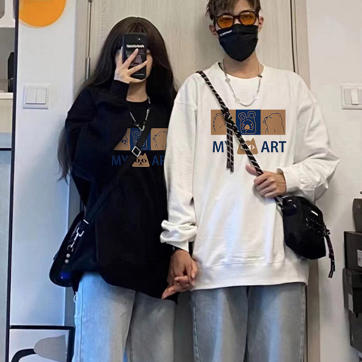 Áo sweater cặp đôi HappyFamily  - Mẫu áo in họa tiết hoạt hình đáng yêu My Art chất nỉ da cá cao cấp Màu Đen - Trắng