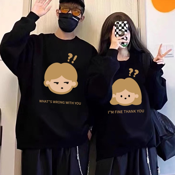 Áo sweater cặp đôi HappyFamily  - Mẫu áo in họa tiết Couple Chibi đáng yêu chất nỉ da cá cao cấp Màu Đen