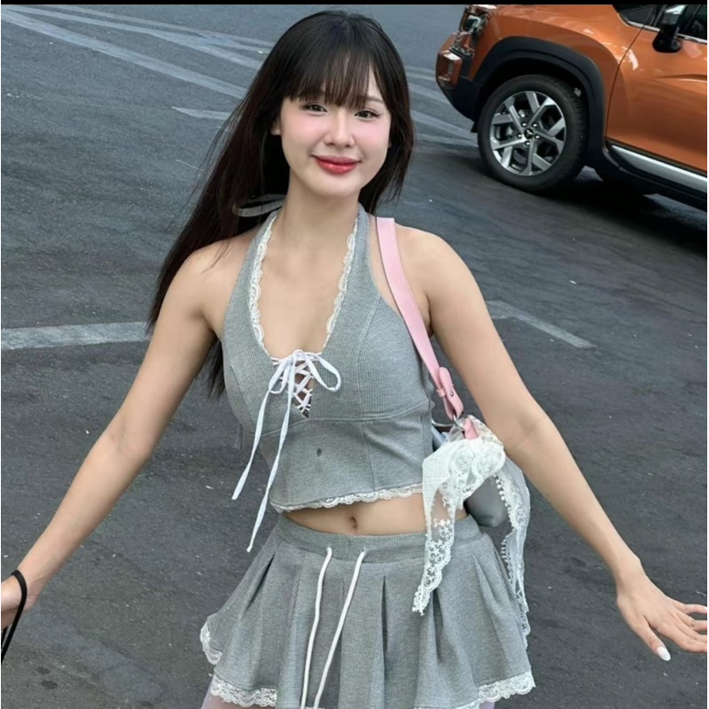 Set yếm ren váy xếp ly ren xoè , set áo yếm phối dây chân váy tennis ...