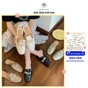 Giày búp bê, giày lười dáng sục đính nơ ngọc trai nhân tạo