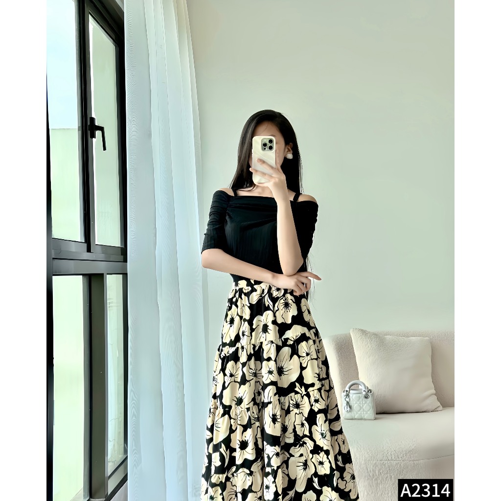 Set bộ áo thun tăm phối chân váy lụa midi A2314
