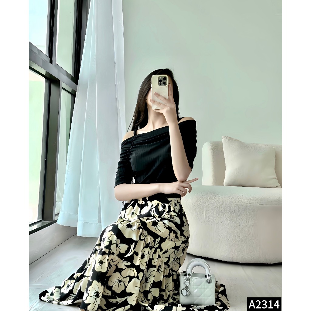 Set bộ áo thun tăm phối chân váy lụa midi A2314