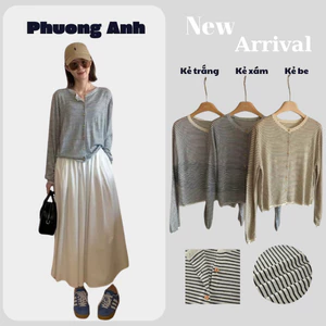 Áo khoác cardigan dệt kim tay dài kẻ sọc thiết kế dễ thương