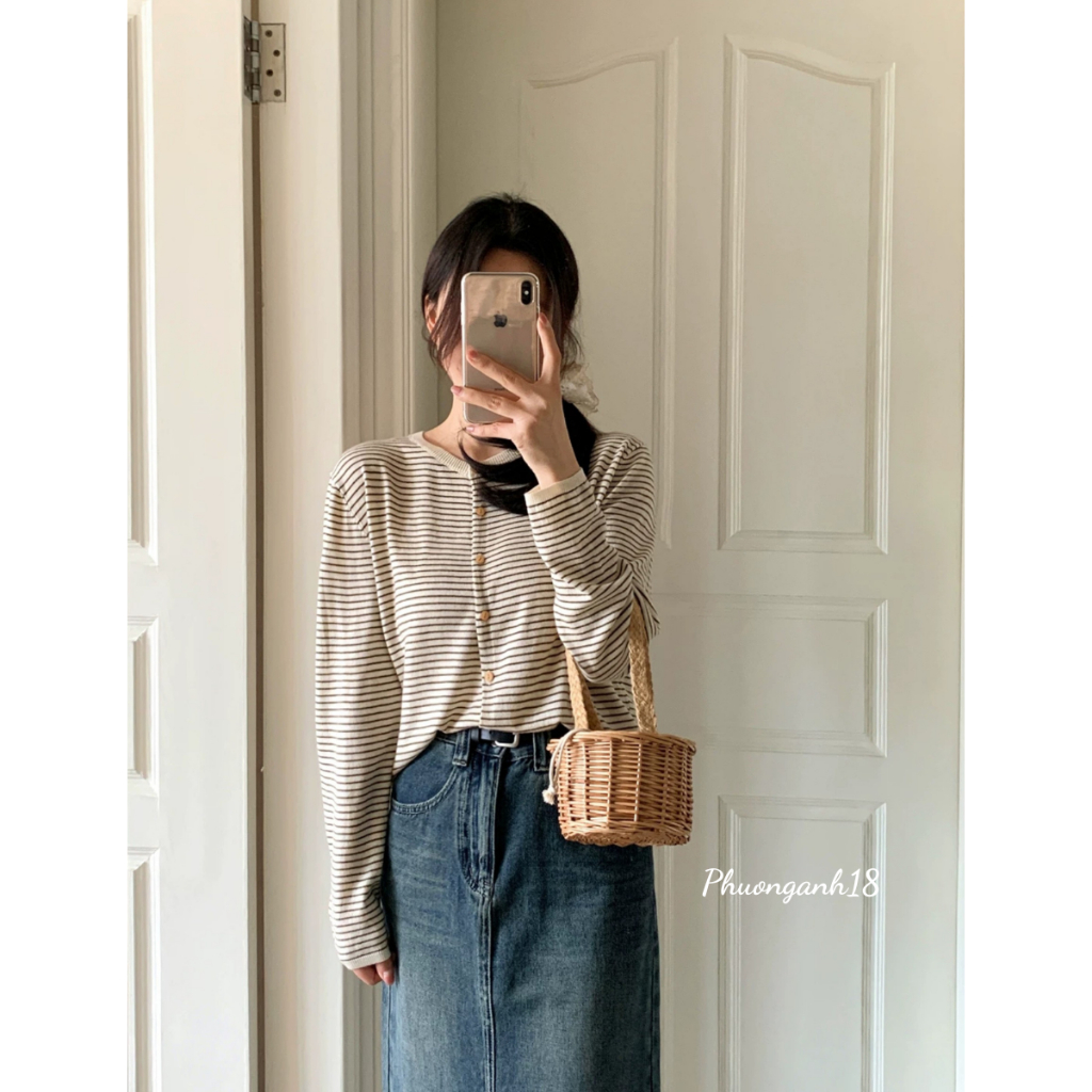 Áo khoác cardigan dệt kim tay dài kẻ sọc thiết kế dễ thương