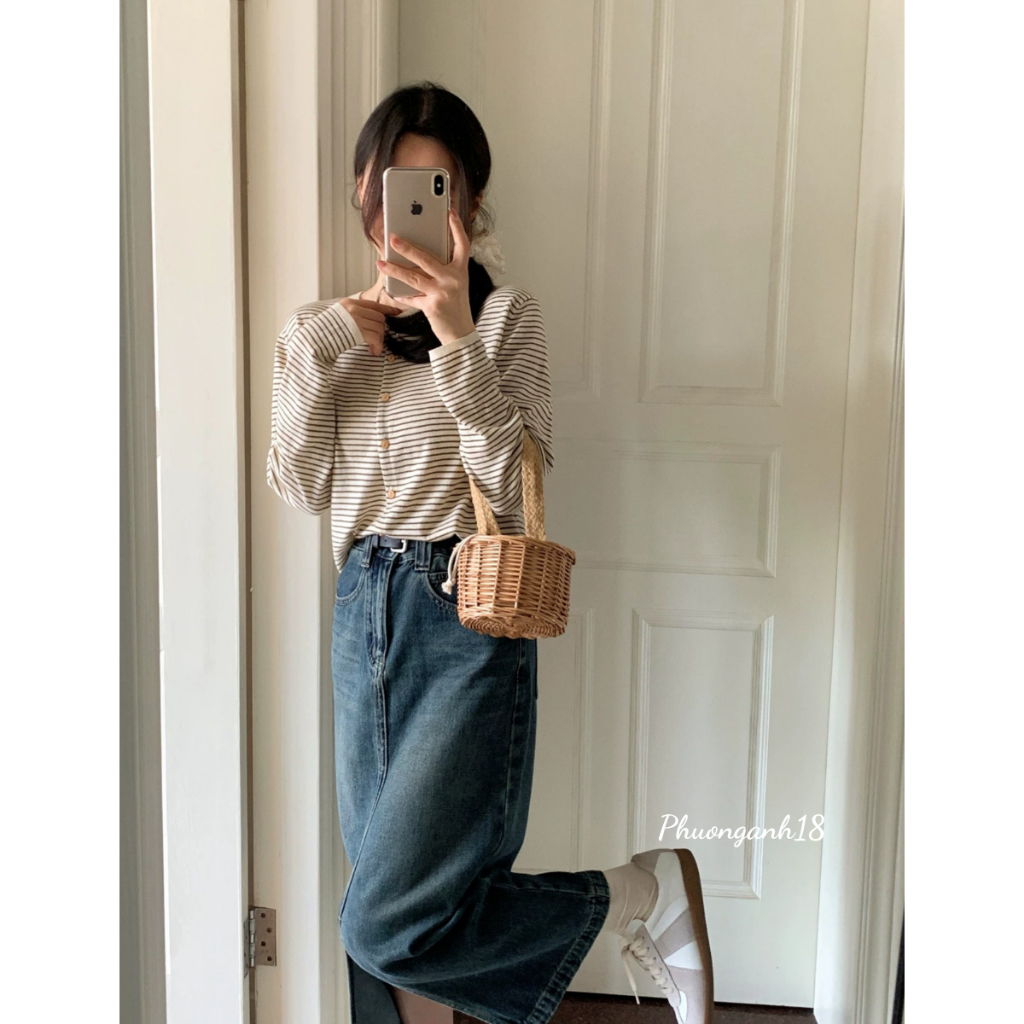 Áo khoác cardigan dệt kim tay dài kẻ sọc thiết kế dễ thương