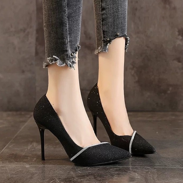 Giày Cao Gót Công Sở Nữ Gót Nhọn 8cm 10cm Kim Tuyến Đen Kết Xoắn Mảnh Chéo - BM17