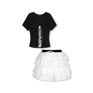 Set Áo Nữ Strings T-shirt Lace Layers Skirt, Vải Áo Thun Sọc, Chân Váy Kaki Bóng & Ren Thoải Mái, WSB129 SOME HOW STORE