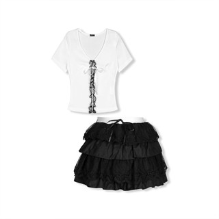 Set Áo Nữ Strings T-shirt Lace Layers Skirt, Vải Áo Thun Sọc, Chân Váy Kaki Bóng & Ren Thoải Mái, WSB129 SOME HOW STORE