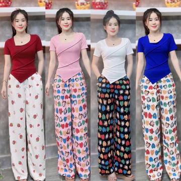 HCM_Set đồ nữ, đồ bộ nữ Big Size 40kg-70kg ,Set đồ nữ áo gân tăm vạt xéo quần dài ống rộng đũi xốp _ Xưởng May Thu Lê