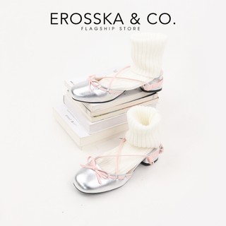 Erosska - Giày cao gót nữ mũi tròn phối nơ kiểu dáng thanh lịch màu bạc phối kem cao 5cm - EL042