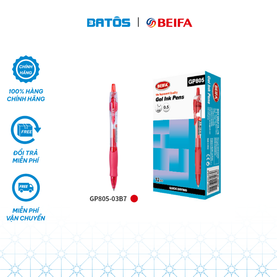 Hộp 12 chiếc bút gel bấm ngòi 0.5 Beifa GP-805 công nghệ mực Quick dry mau khô, chống lem.