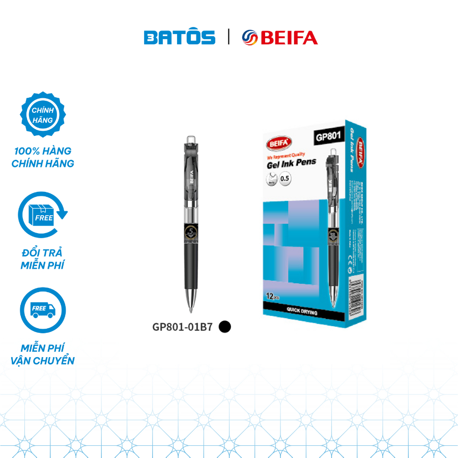 [Bút gel bấm] Hộp 12 chiếc bút gel ngòi 0.5 BEIFA GP801