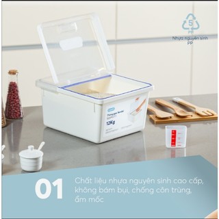 Thùng gạo Inochi - Sendai 12kg Thân Trắng ngọc + Nắp Trong suốt + Gioăng Trắng trong