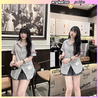 Áo sơ mi nam nữ phối kẻ tay, hoạ tiết kẻ sọc, phù hợp đi học đi chơi
