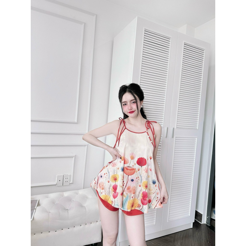 Bộ yếm nữ cao cấp họa tiết 3D chất liệu gấm phối quần latin mềm mịn, mặc thoải mái khi ngủ s1238-1