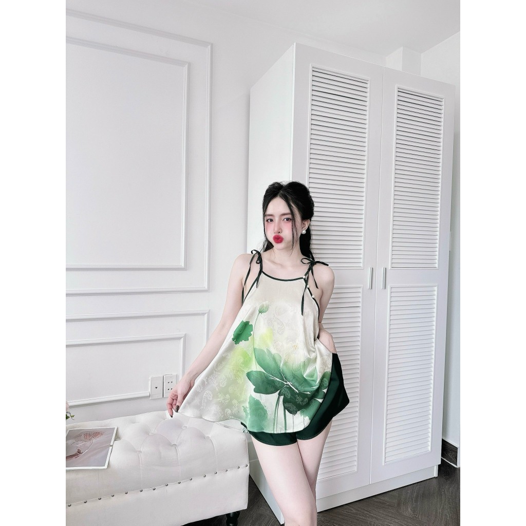 Bộ yếm nữ cao cấp họa tiết 3D chất liệu gấm phối quần latin mềm mịn, mặc thoải mái khi ngủ s1238-1