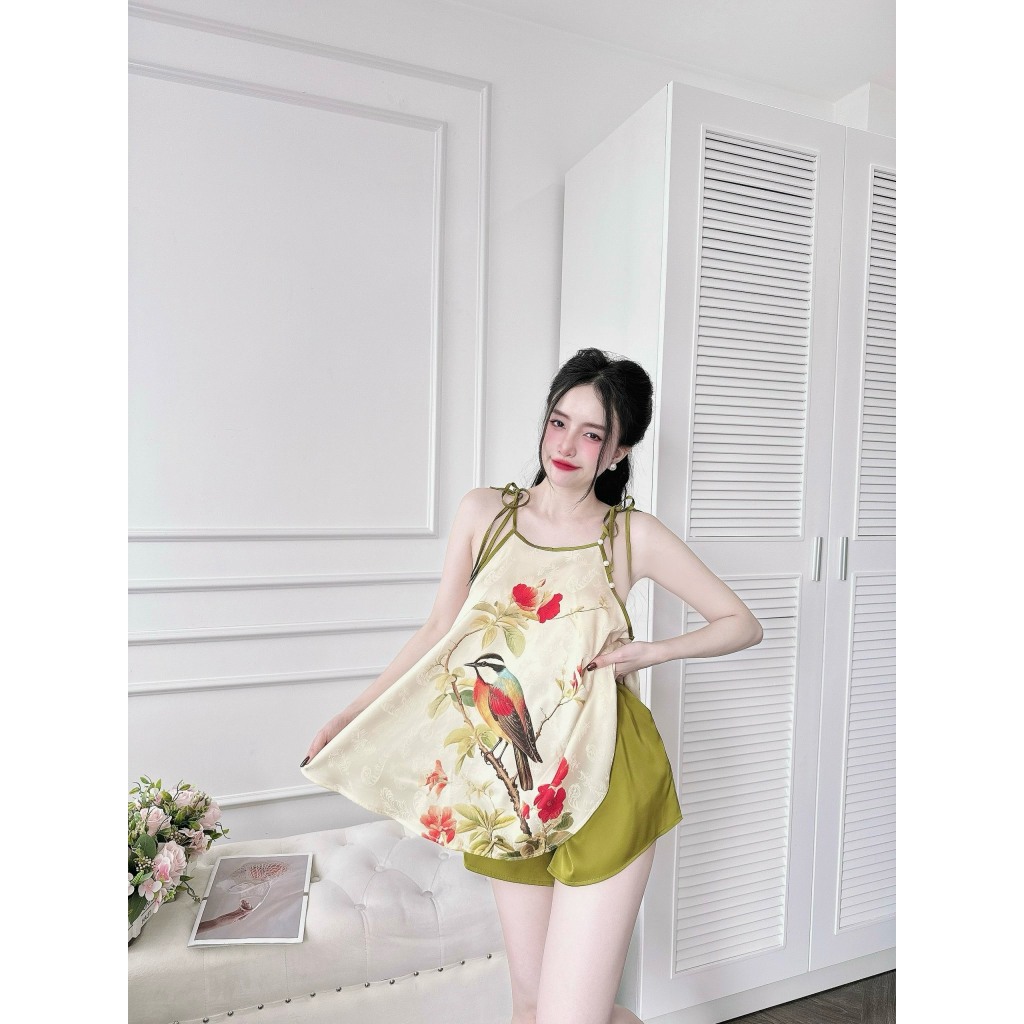 Bộ yếm nữ cao cấp họa tiết 3D chất liệu gấm phối quần latin mềm mịn, mặc thoải mái khi ngủ s1238-1