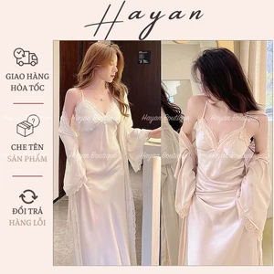 HT828 Set váy ngủ và áo choàng sexy dáng dài tiểu thư kèm ĐỆM LÓT phối ren sang chảnh HT828
