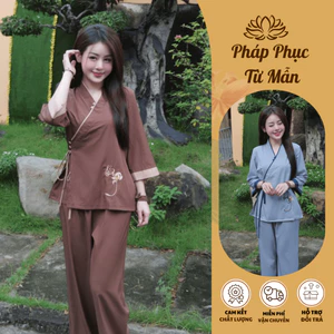 Pháp phục đi chùa cổ V vạt chéo thêu chữ Buông vải lụa trượt Bộ đồ đi chùa đính cúc bọc thắt nơ Đồ lam nữ lụa mềm mát