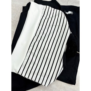 Set Bộ Đồ Nữ Áo Polo Đen Nhún Eo Thêu Ngựa Trắng Kèm Khăn Thủy THủ Kẻ Mix Chân Váy Chữ A Freesize