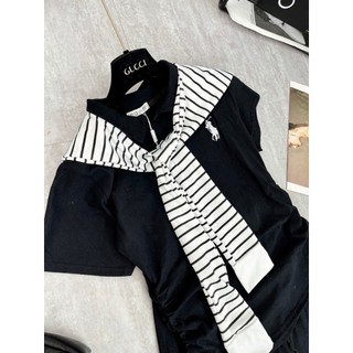 Set Bộ Đồ Nữ Áo Polo Đen Nhún Eo Thêu Ngựa Trắng Kèm Khăn Thủy THủ Kẻ Mix Chân Váy Chữ A Freesize
