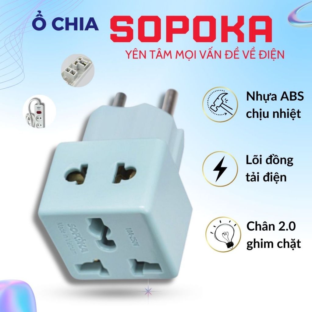 Ổ chia đa năng Sopoka x4 chính hãng lõi đồng chất liệu nhựa cao cấp chịu nhiệt chống cháy nổ