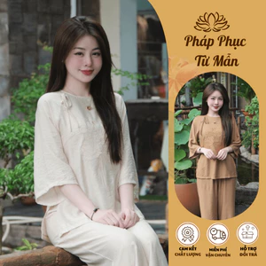 Đồ bộ đi chùa thêu sen cổ tròn vải đũi tơ Pháp phục đi lễ tay lỡ cách tân Set đồ lam nữ đính ngọc thắt vải đũi mát