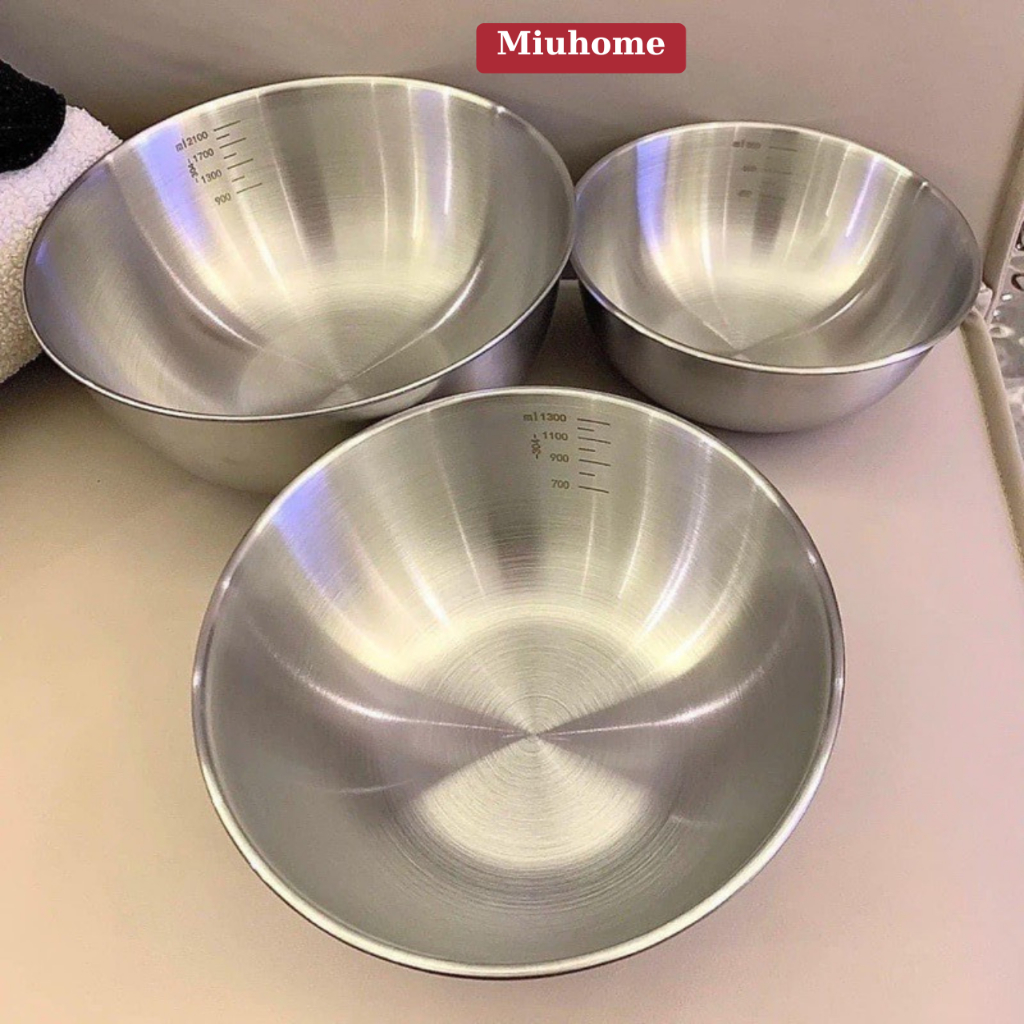 Combo 3 thau inox 304, Thố chậu trộn đựng rửa rau củ quả có vạch chia ...