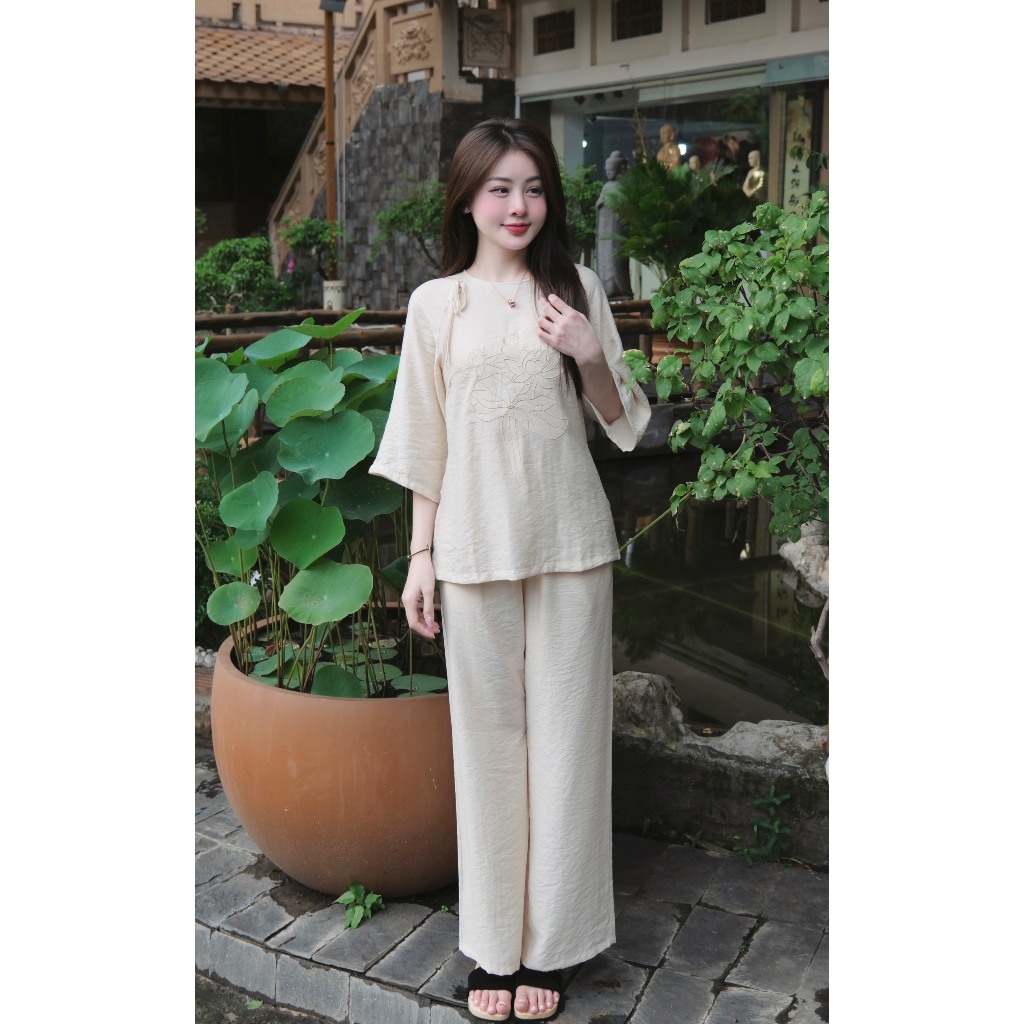 Đồ bộ đi chùa thêu sen cổ tròn vải đũi tơ Pháp phục đi lễ tay lỡ cách tân Set đồ lam nữ đính ngọc thắt vải đũi mát