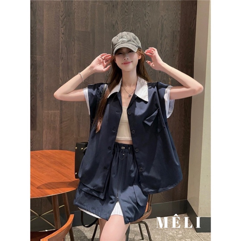 Set áo kaki phối cổ kẻ hai màu xanh than, vàng siêu xinh