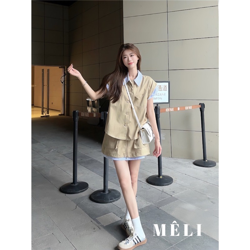 Set áo kaki phối cổ kẻ hai màu xanh than, vàng siêu xinh