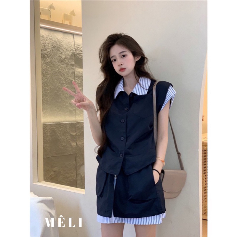 Set áo kaki phối cổ kẻ hai màu xanh than, vàng siêu xinh