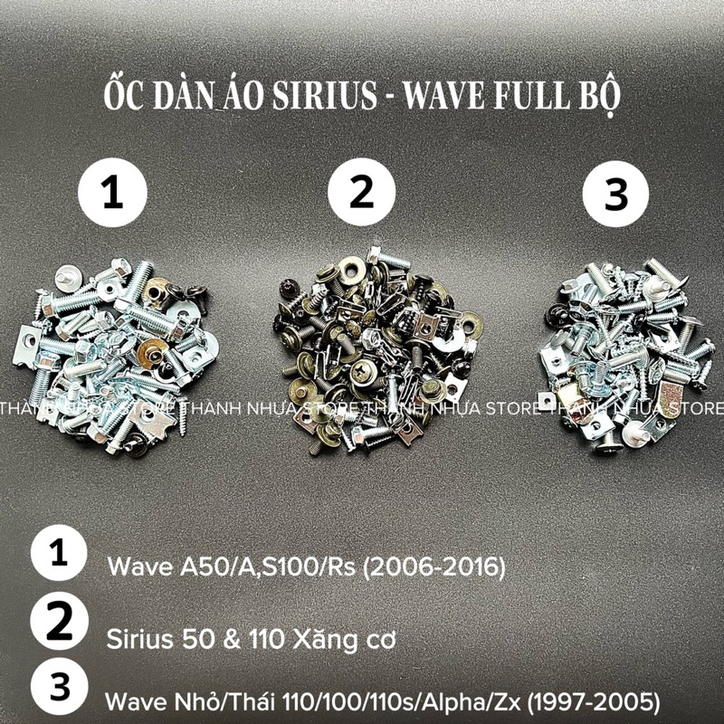 Full bộ ốc vít dàn áo Sirius Wave đủ pat kẹp, lông đền