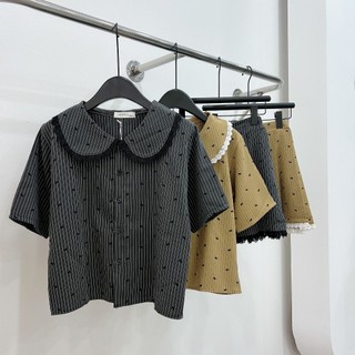 Set Bộ Đồ Nữ Kẻ Họa Tiết Nơ Nhí Đen Phối Cổ Sen Viền Ren Mix Chân Váy Xếp Ly Chun Sau Freesize