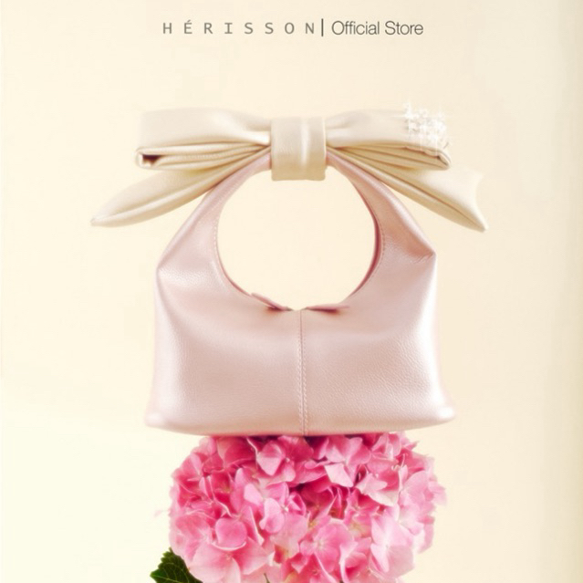 Túi xách nữ chow bag HÉRISSON màu hồng nhũ kèm nơ kem nhũ tháo rời ...