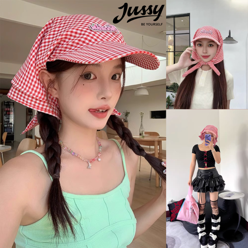 Mũ Trùm Đầu Sọc Caro Xinh Xắn Jussy Official Kiểu Nón Lưỡi Trai Kèm Khăn Trùm Đầu Đa Năng Tạo Nhiều Kiểu Dễ Thương