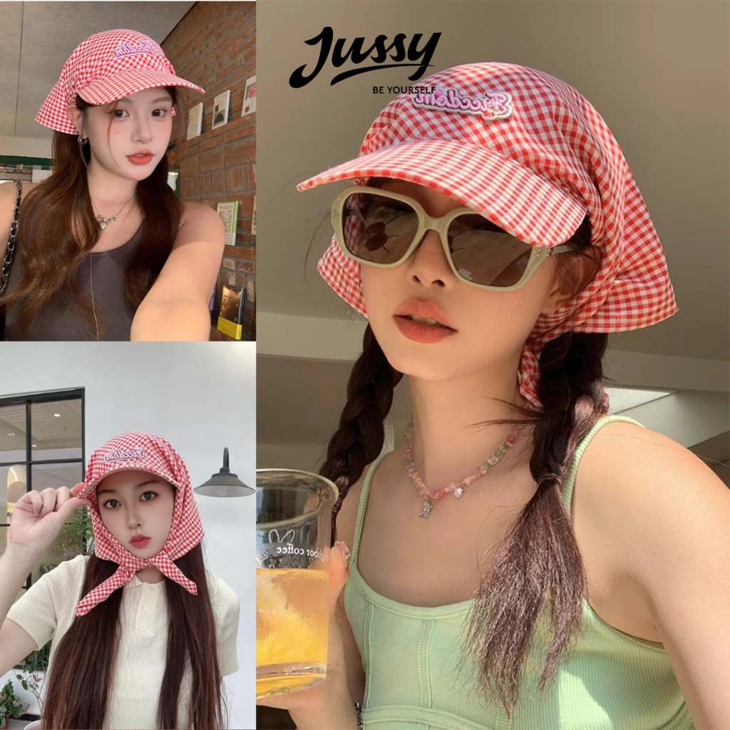 Mũ Trùm Đầu Sọc Caro Xinh Xắn Jussy Official Kiểu Nón Lưỡi Trai Kèm Khăn Trùm Đầu Đa Năng Tạo Nhiều Kiểu Dễ Thương