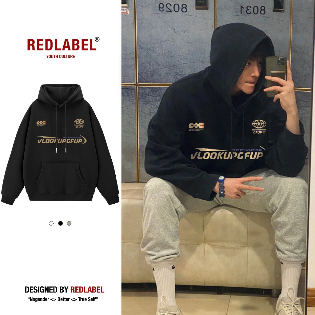 Áo Hoodie Nỉ Bông Nam Nữ In Họa Tiết VLOOKUP RedLabel Dày Dặn Form Mũ Rộng