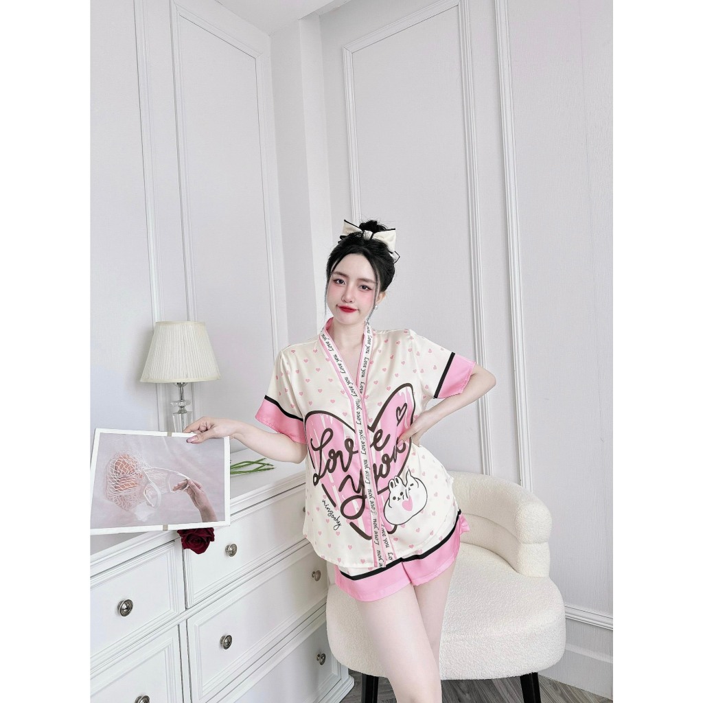 Bộ nữ ngắn Vy Linh chất liệu lụa latin cổ Y thoáng mát thấm hút mồ hôi tốt, bề mặt vải mịn mát S1103-1
