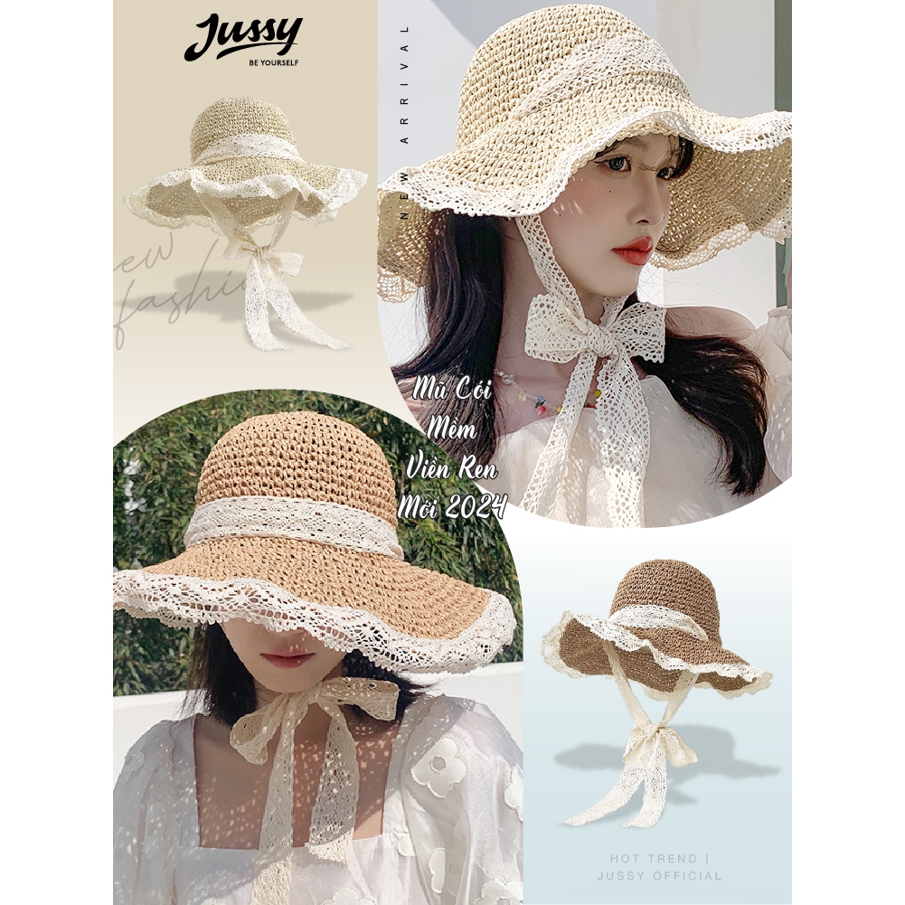 Set Mũ Cói Mềm Viền Ren Và Túi Cói JTUI01 Jussy Fashion Combo Túi Cói Mềm Kèm Mũ Rộng Vành Du Lịch Đi Biển Hot Trend