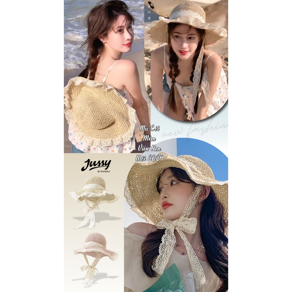 Set Mũ Cói Mềm Viền Ren Và Túi Cói JTUI01 Jussy Fashion Combo Túi Cói Mềm Kèm Mũ Rộng Vành Du Lịch Đi Biển Hot Trend
