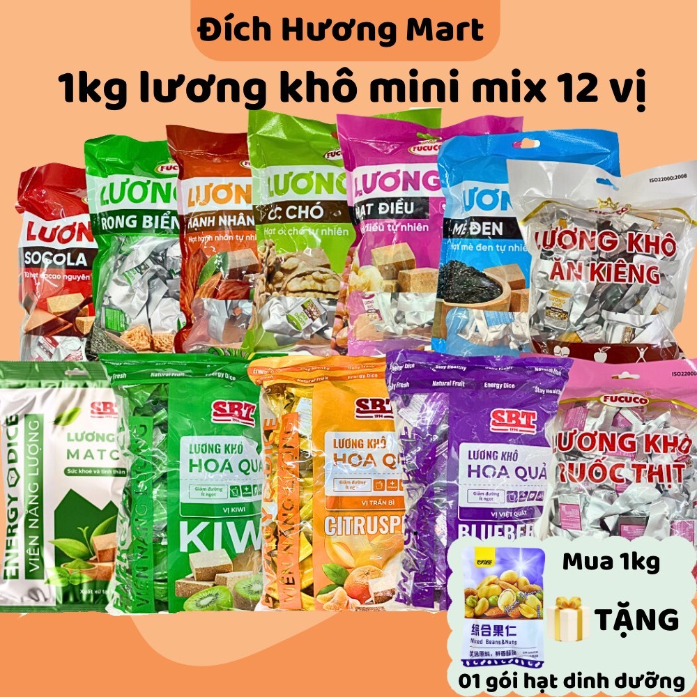 1kg lương khô mini mix 12 vị ngũ cốc và trái cây, lương khô ăn kiêng ...