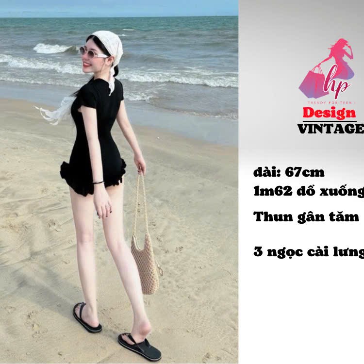 Jumpsuit body viền cộc tay viền bèo đính nơ, áo liền quần màu đen đi biển mùa hè G931