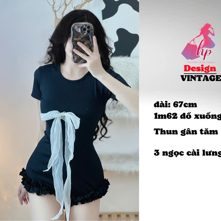 Jumpsuit body viền cộc tay viền bèo đính nơ, áo liền quần màu đen đi biển mùa hè G931