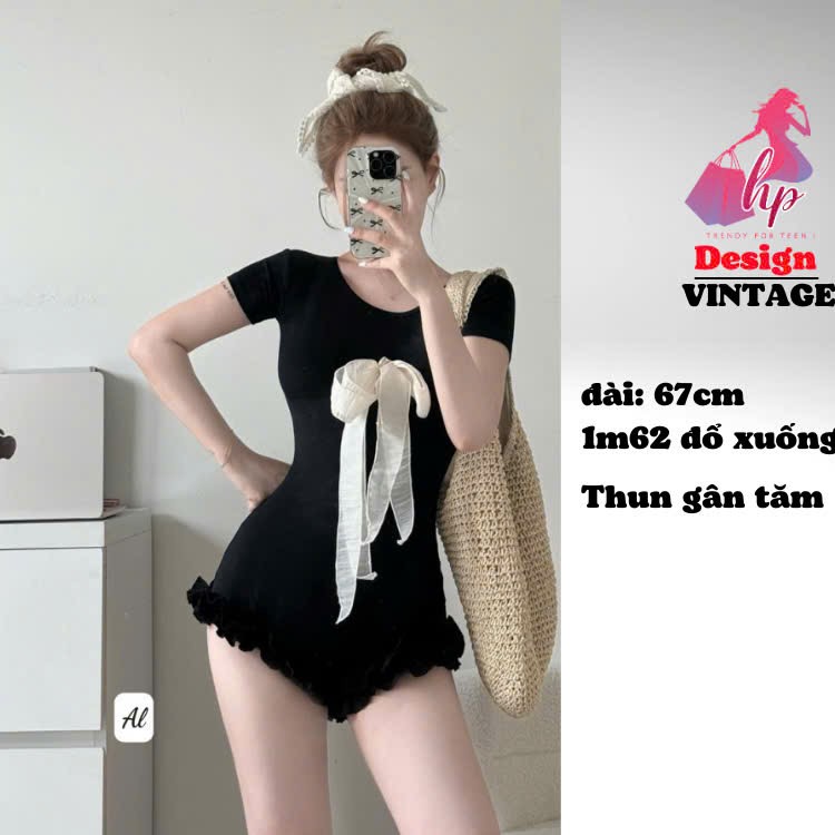 Jumpsuit body viền cộc tay viền bèo đính nơ, áo liền quần màu đen đi biển mùa hè G931